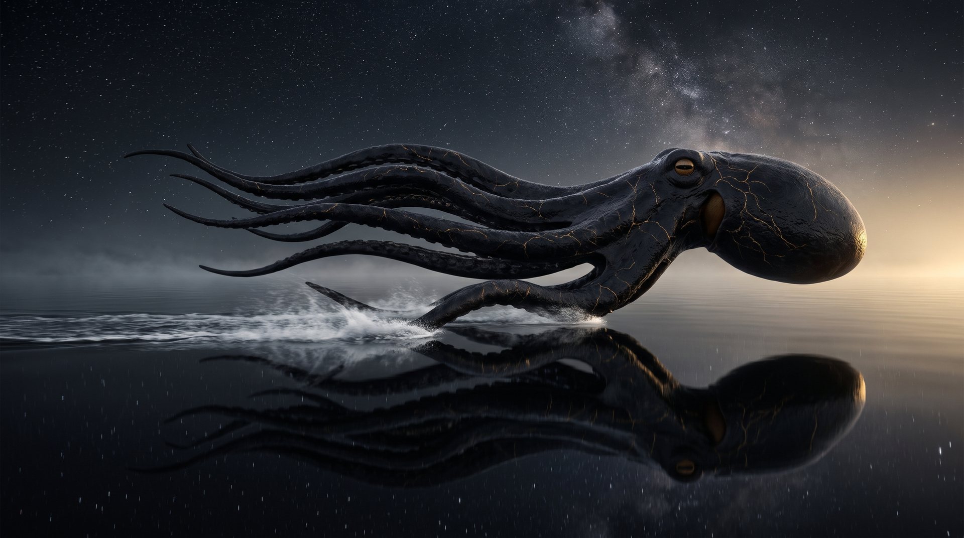 Um polvo colossal voando baixo sobre o oceano à noite